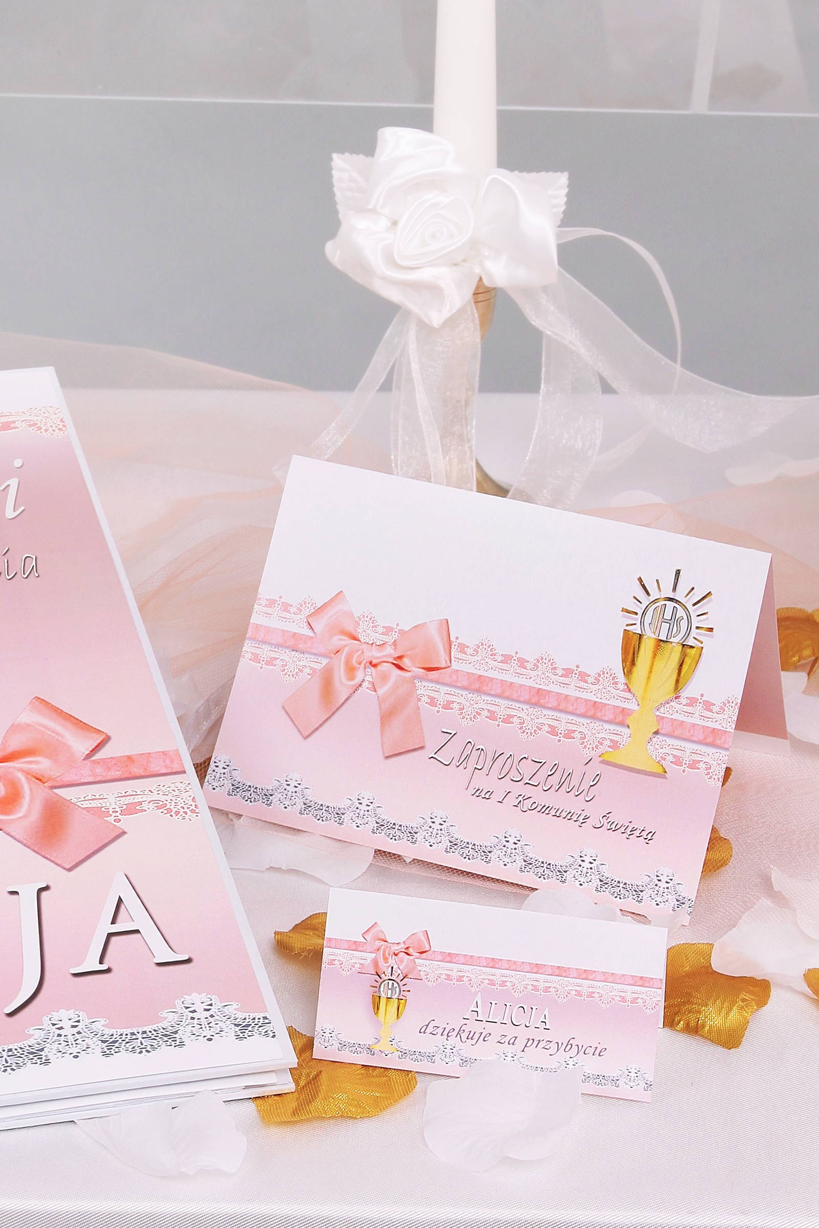Invitations de communion personnalisées et vignettes - Dentelle rose Invitations de communion personnalisées et vignettes - Dentelle rose - obraz 0