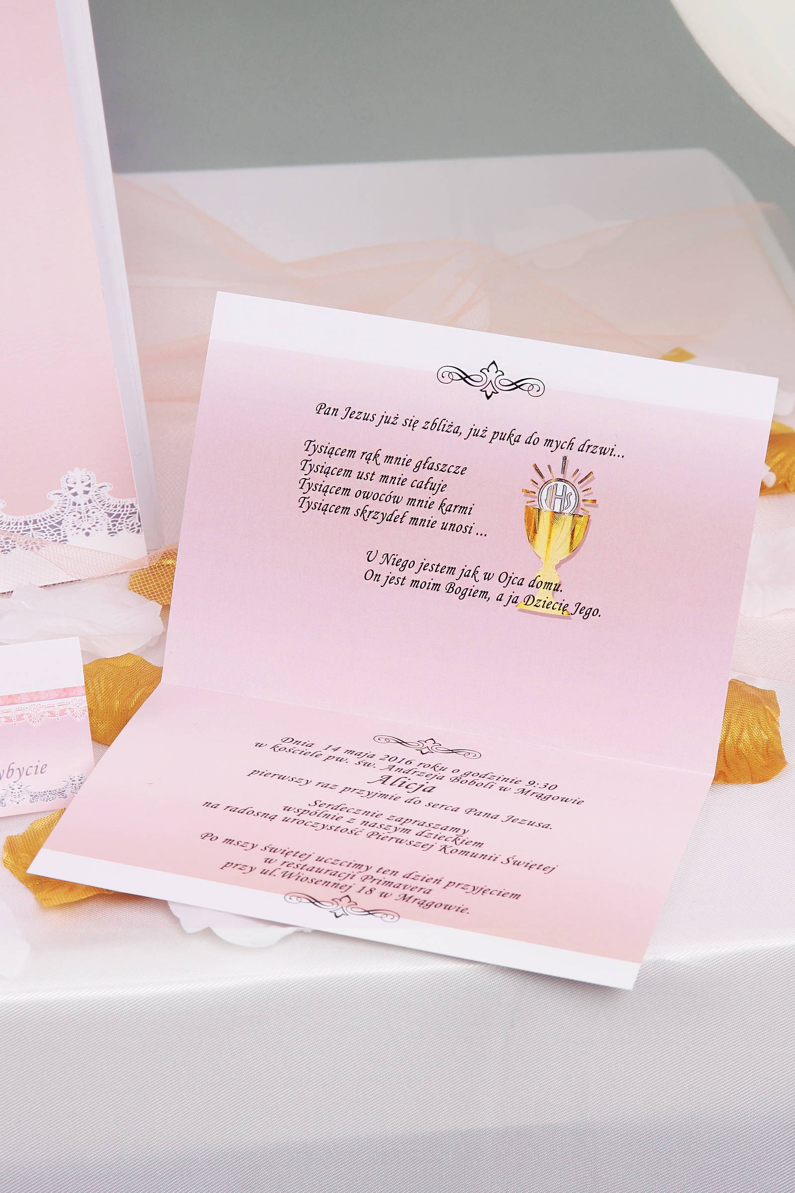 Invitations de communion personnalisées et vignettes - Dentelle rose Invitations de communion personnalisées et vignettes - Dentelle rose - obraz 1