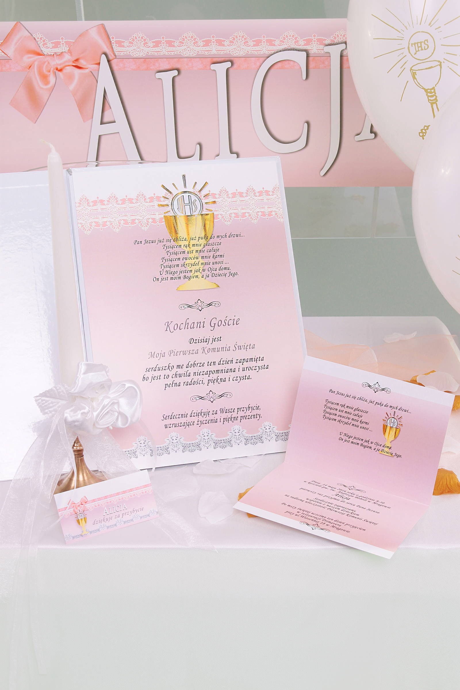 Invitations de communion personnalisées et vignettes - Dentelle rose Invitations de communion personnalisées et vignettes - Dentelle rose - obraz 2