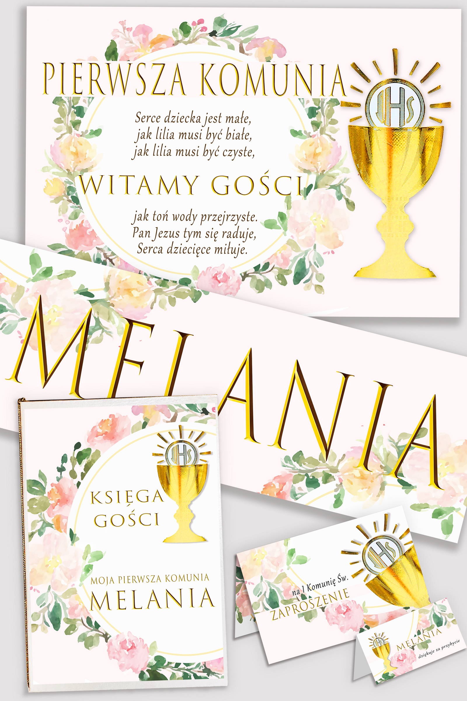 Personalized decorative communion set - Watercolor pink - obraz 0