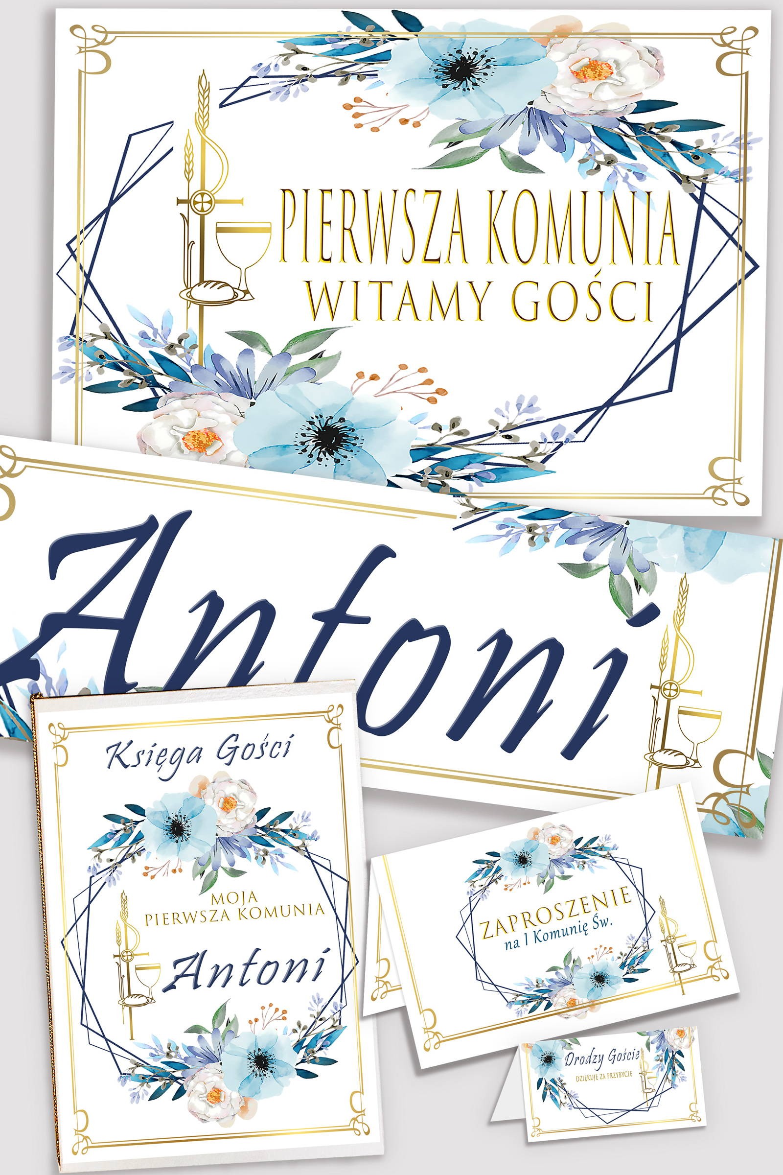Personalized decorative communion set - Blue Watercolor - obraz 1