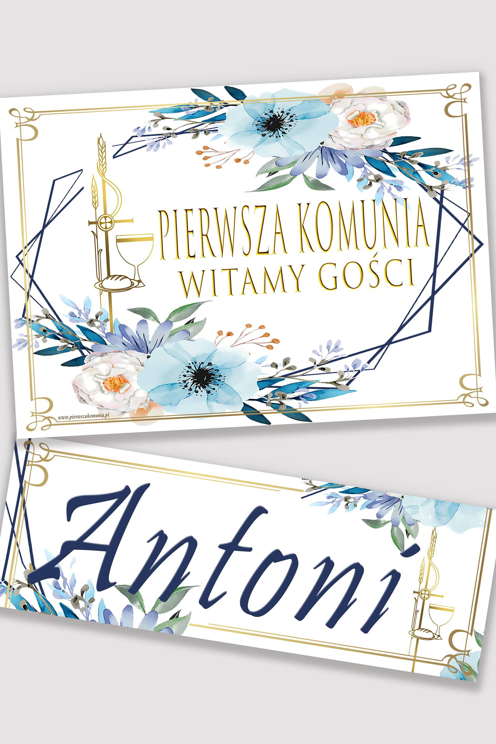 Personalized communion poster with name - Blue Watercolor - obraz 0