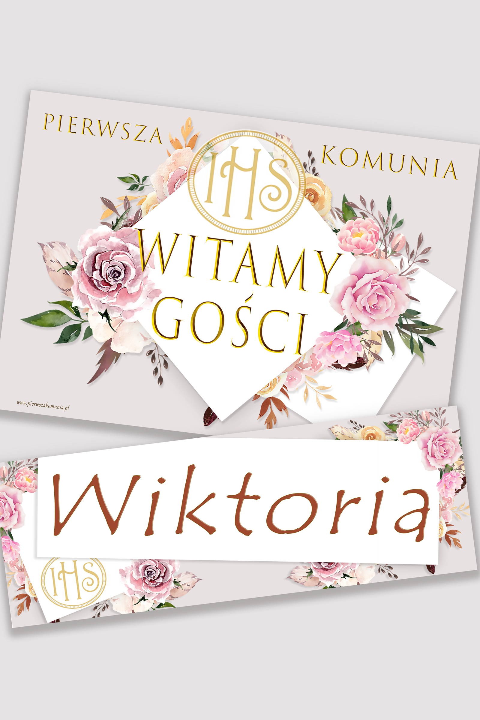 Affiche de communion personnalisée avec nom - Pivoine et rose - obraz 0